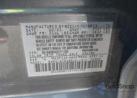 2025 Nissan Sentra S from USA, damaged, VIN 3N1AB8BV4SY311352